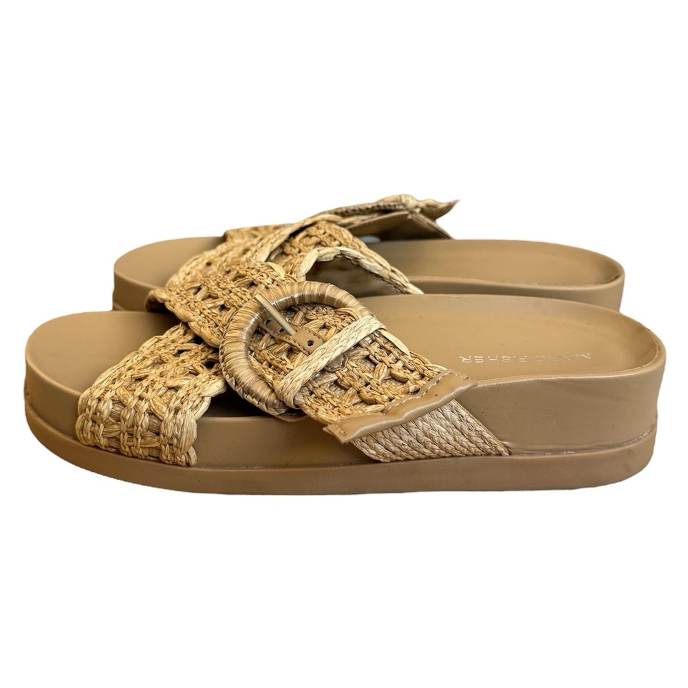 Marc Fisher Woven Raffia Slide Sandals in Natural Tan